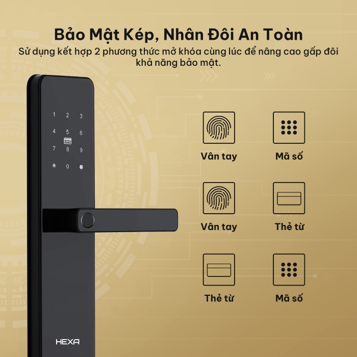 Khóa Vân Tay Hexa HX12 Khóa tay gạt cửa gỗ cửa composite chung cư Khóa cửa thông minh Hexa HX12 không chỉ đơn thuần là một thiết bị mở cửa, mà còn là lớp bảo vệ vững chắc cho ngôi nhà của bạn nhờ cơ chế bảo mật kép. Khi tính năng này được kích hoạt, người dùng sẽ cần kết hợp hai phương thức xác thực để mở cửa, ví dụ như vân tay + mã số hoặc thẻ từ + mã số. Điều này giúp ngăn chặn nguy cơ mở khóa trái phép trong các tình huống nhạy cảm và nâng cao khả năng kiểm soát người ra vào. Với bảo mật kép, mọi thao tác mở cửa đều được đảm bảo an toàn ở mức cao nhất.